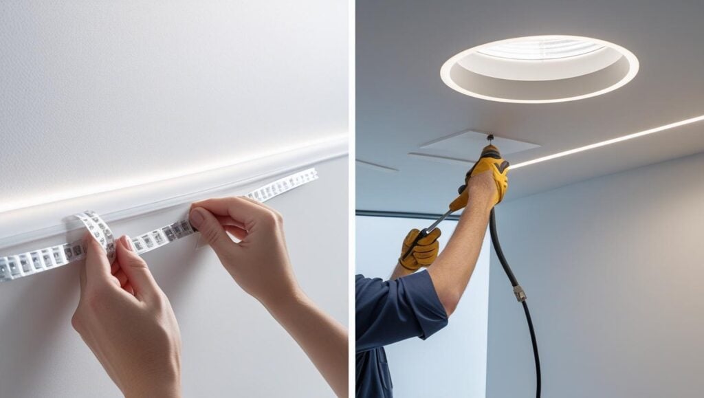 Side-by-side comparison image clearly showing the easy installation process of LED strip lights versus professional installation of spotlights