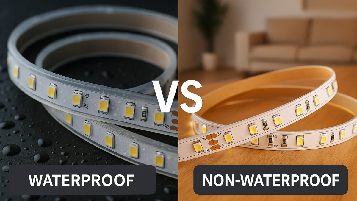 Side-by-side visual clearly showing waterproof vs non-waterproof LED strips, highlighting protective coatings and typical usage environments