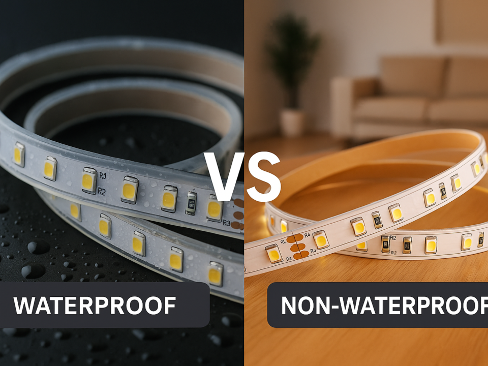 Side-by-side visual clearly showing waterproof vs non-waterproof LED strips, highlighting protective coatings and typical usage environments