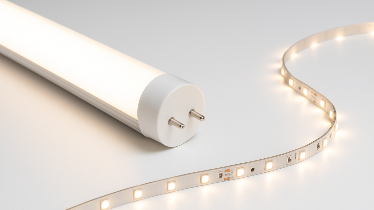 Comparison of a rigid T8 LED tube and flexible LED strip lights for residential and commercial lighting applications.