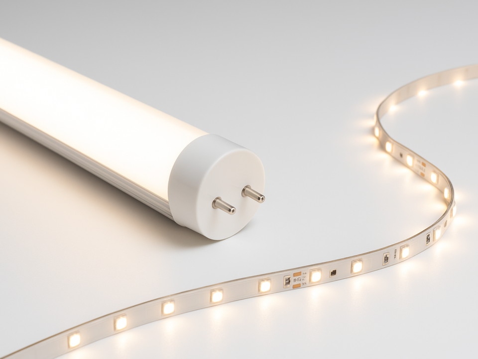 Comparison of a rigid T8 LED tube and flexible LED strip lights for residential and commercial lighting applications.