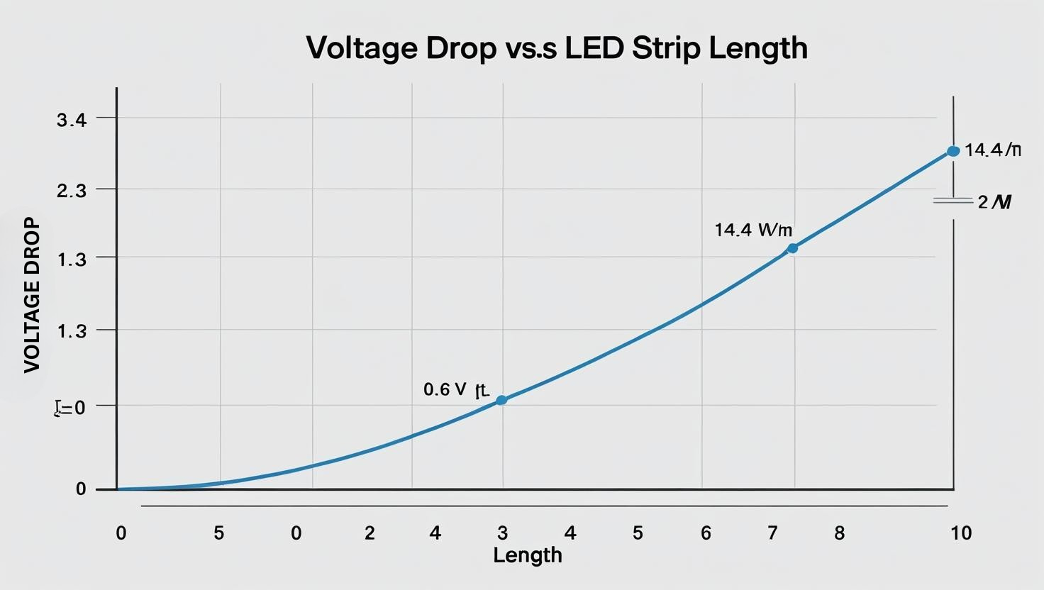 5m vs 10m LED strip voltage drop graph showing higher drop on longer runs