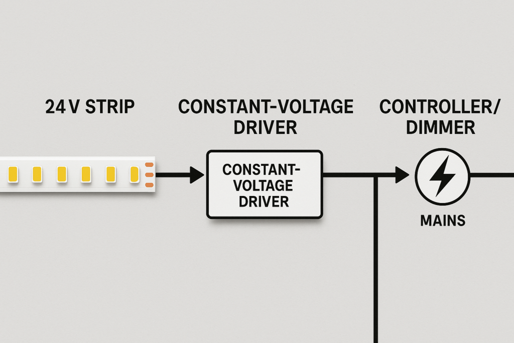 Constant-voltage driver wiring for RGB strips.