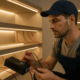 Installer checking an LED power supply while several LED strip runs are connected in parallel along shelves and coves.