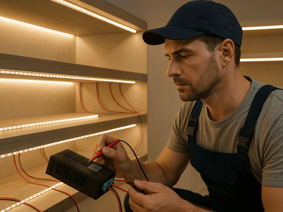 Installer checking an LED power supply while several LED strip runs are connected in parallel along shelves and coves.