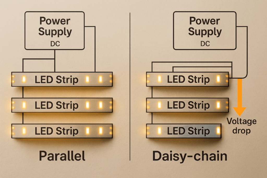 Diagram comparing a single power supply feeding three LED strips in parallel on separate branches, contrasted with a long daisy-chain where voltage drops and brightness fades