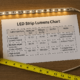 Overhead shot of a desk with a printed LED strip lumens chart, a lit LED strip sample, and a tape measure, showing brightness values in lumens per foot