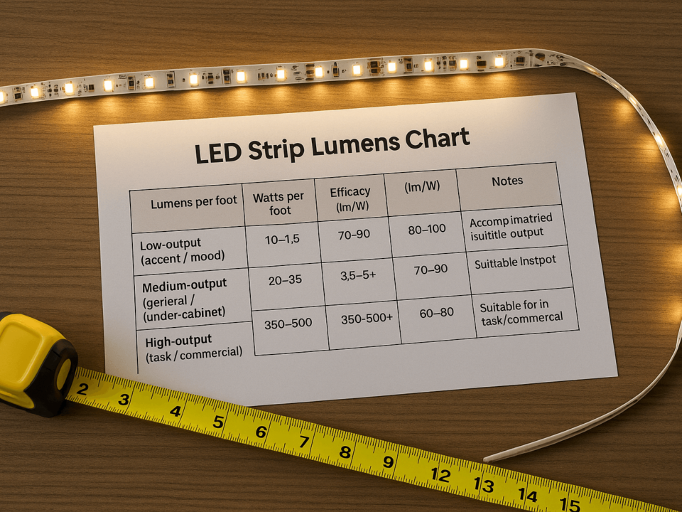 Overhead shot of a desk with a printed LED strip lumens chart, a lit LED strip sample, and a tape measure, showing brightness values in lumens per foot