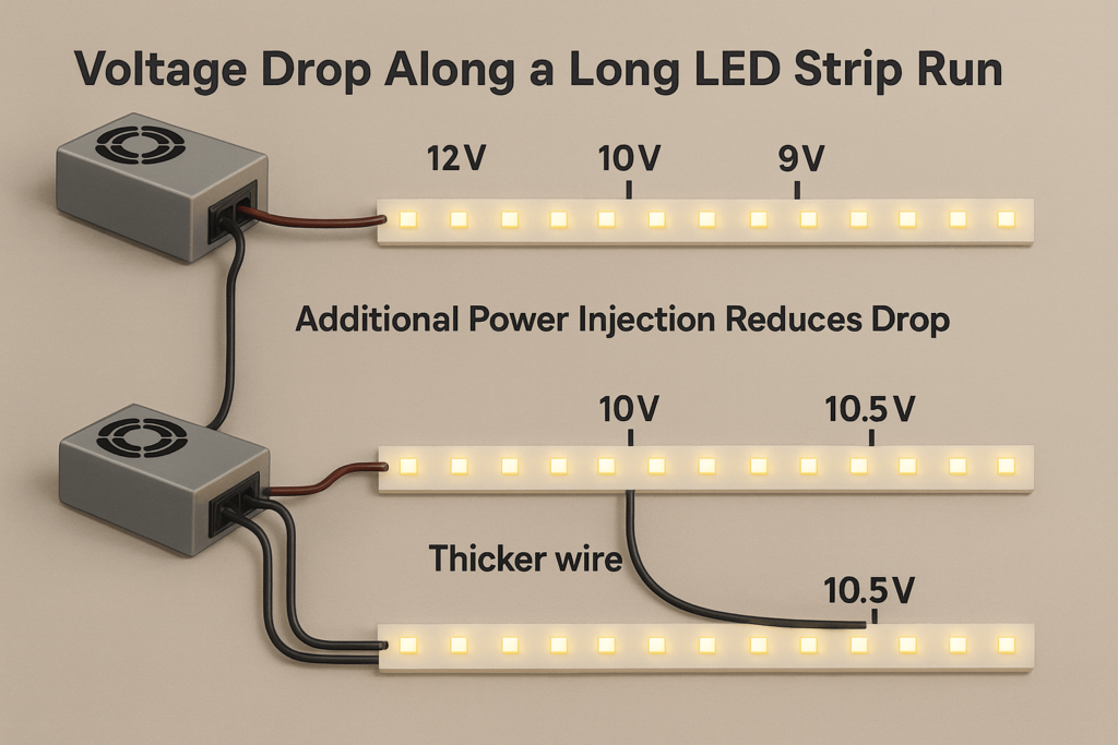 Infographic showing voltage drop along a long LED strip run and how additional power injection points and thicker wire reduce the drop