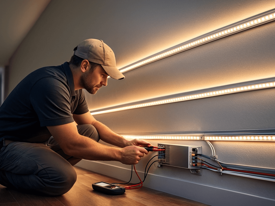 Installer checking a low-voltage LED power supply with several LED strip runs installed along a wall