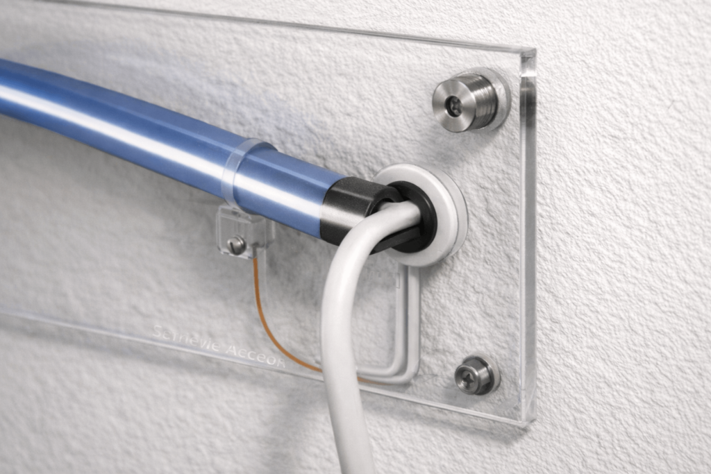 Example of cable exit and strain relief behind an acrylic backer with standoffs and a hidden wire path