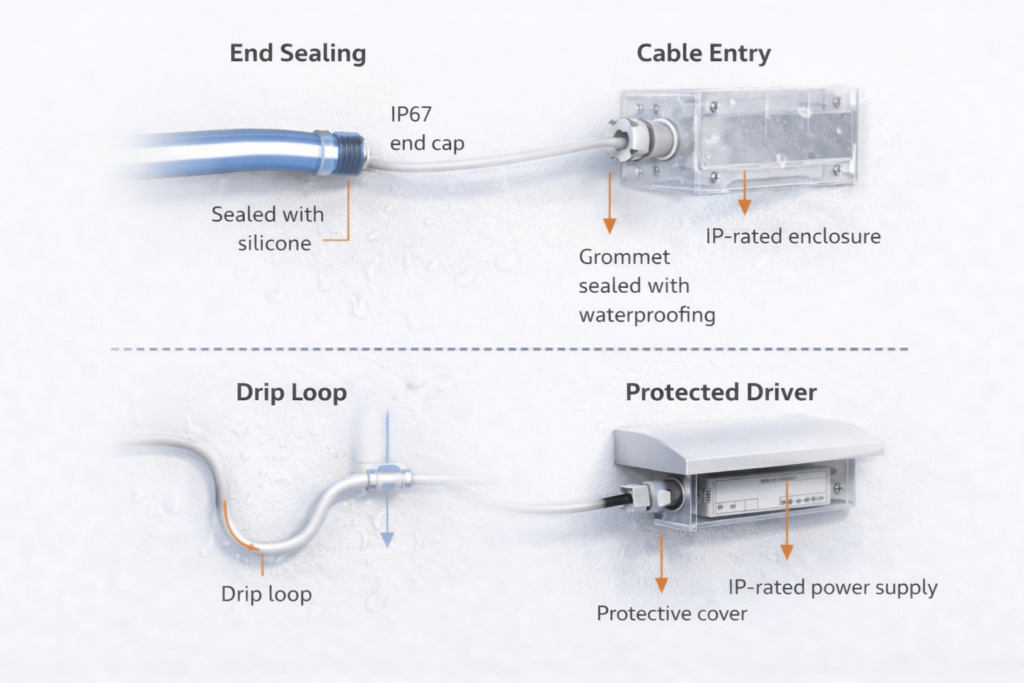 Outdoor sealing points diagram showing end sealing, cable entry sealing, drip loop concept, and protected driver placement