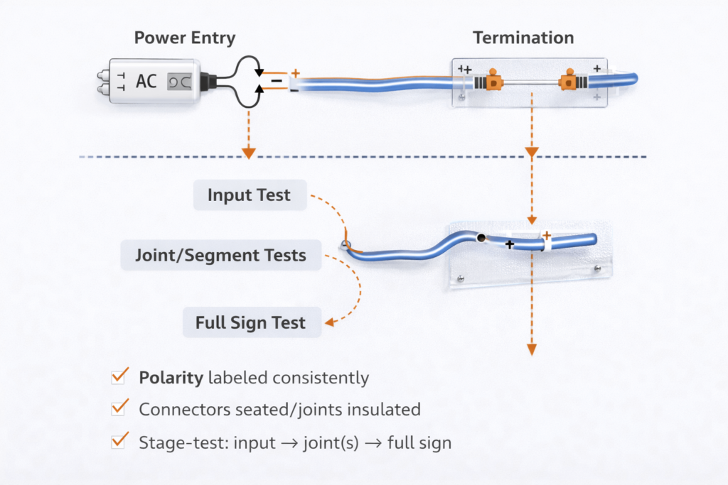Simple wiring and commissioning diagram showing polarity labeling, connector/termination points, and a test-before-final-mount checklist