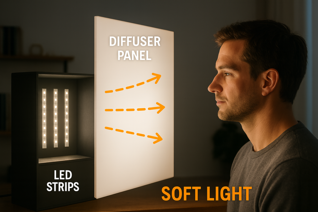 Diagram showing LED strips at the back of a box, a diffuser panel at the front and soft light reaching a subject