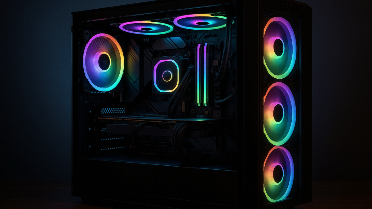 Side-panel-glass gaming PC showing evenly lit internal RGB LED strips with tidy cable management and a soft, indirect glow