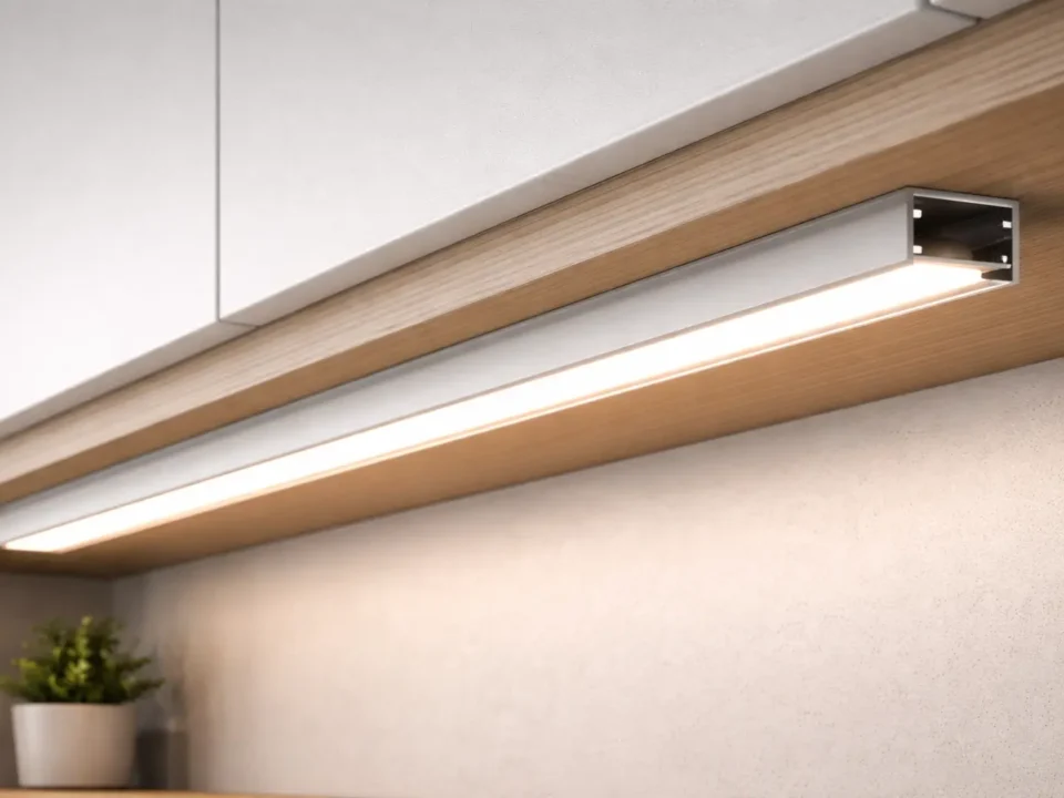 12V COB LED strip creating an even light line inside an aluminum profile with diffuser (project/architectural context)