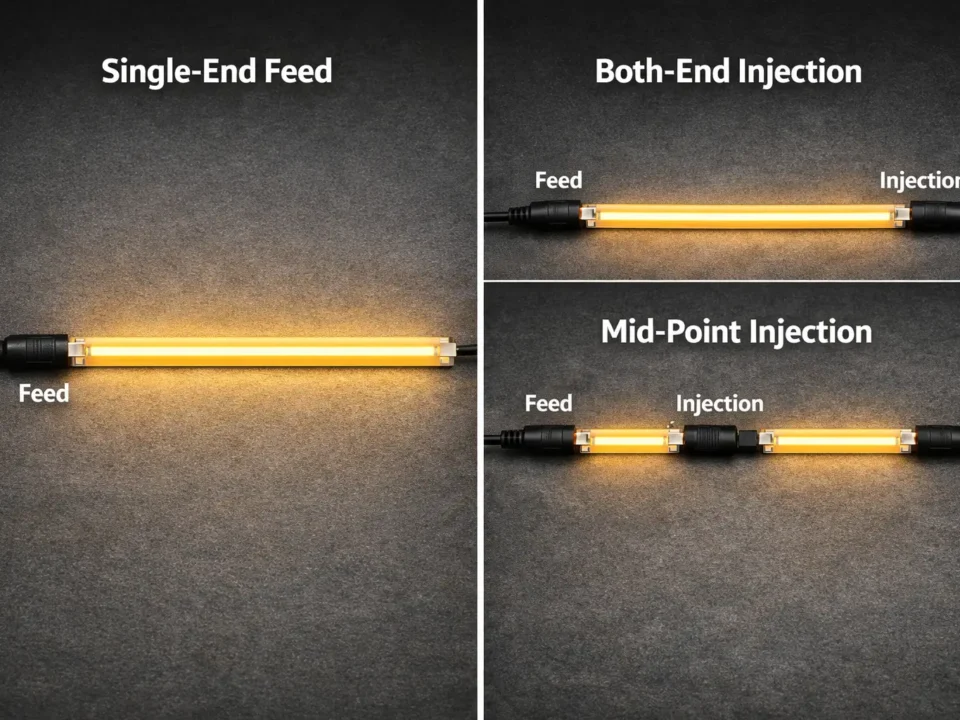 Close-up concept visual showing COB “continuous phosphor line” vs SMD “discrete points” when viewed through a shallow diffuser
