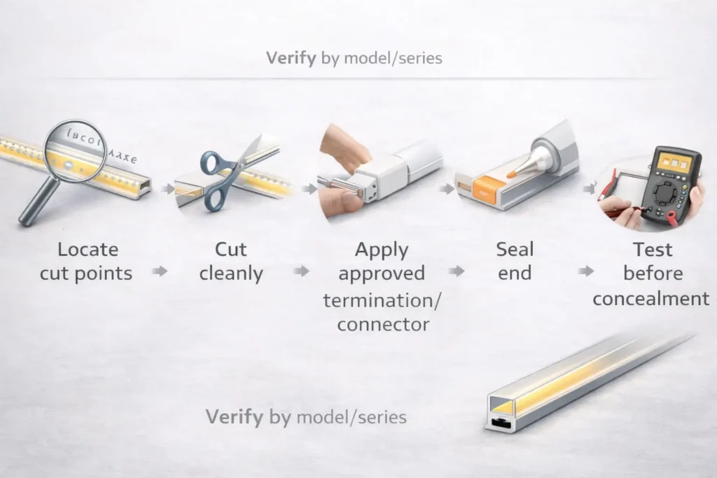 A simple flow diagram showing the workflow: locate cut points → cut cleanly → apply approved termination/connector → seal end → mount in profile → test before concealment