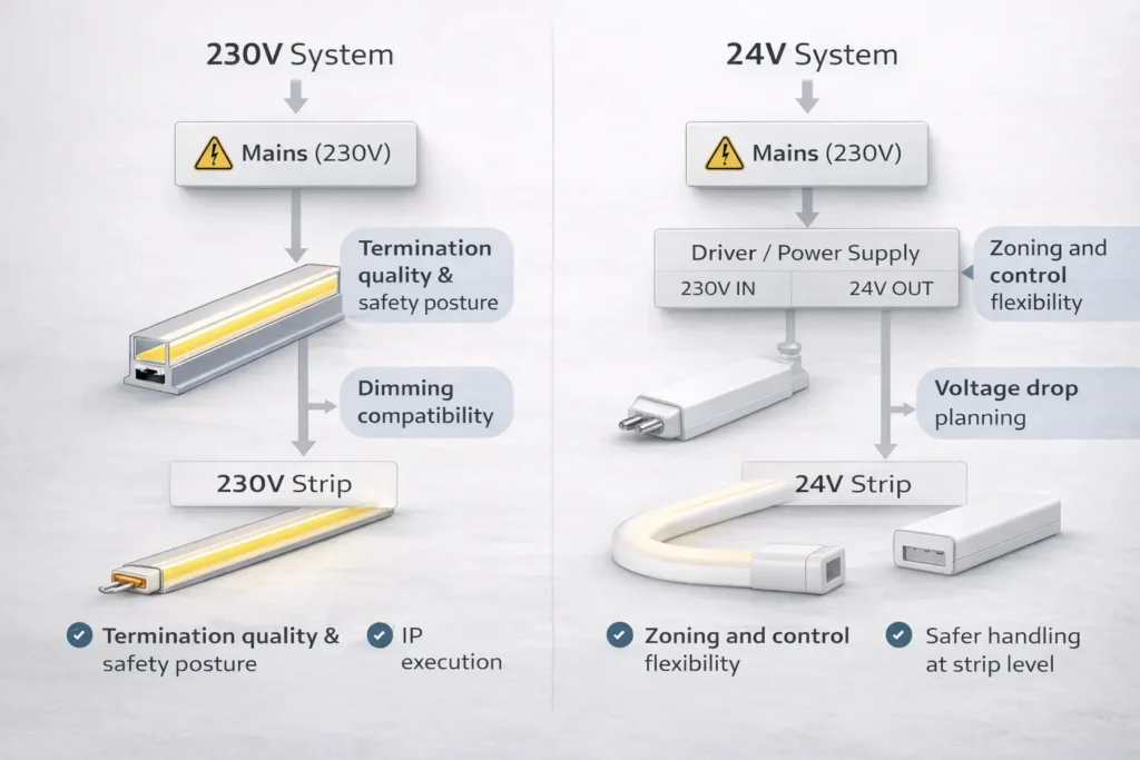 A simplified system diagram showing a 230V mains-voltage strip installation vs a 24V system with power supply/driver and controller, highlighting key decision points