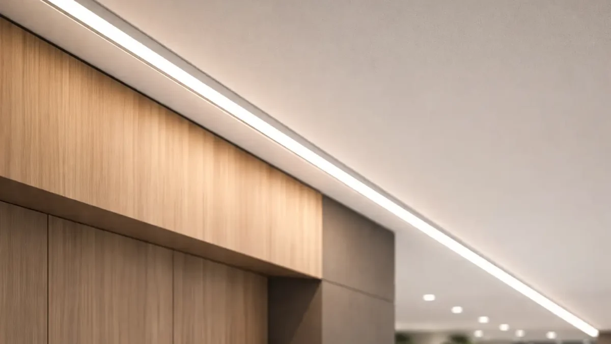 Continuous dotless architectural lighting line in an aluminum profile, representing 24V COB strip usage in projects