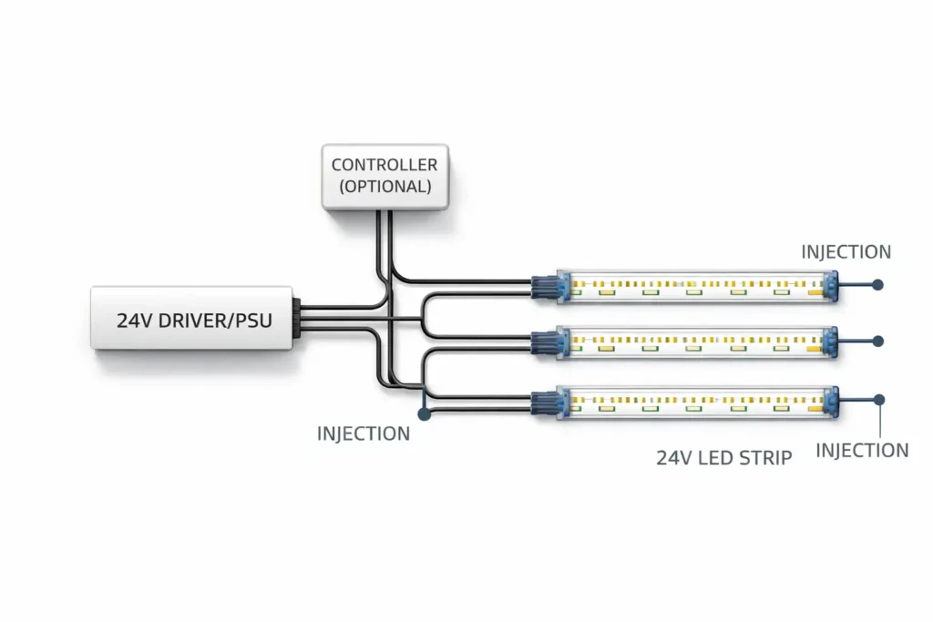 System overview diagram showing a 24V PSU feeding parallel runs of COB strip with optional power injection points