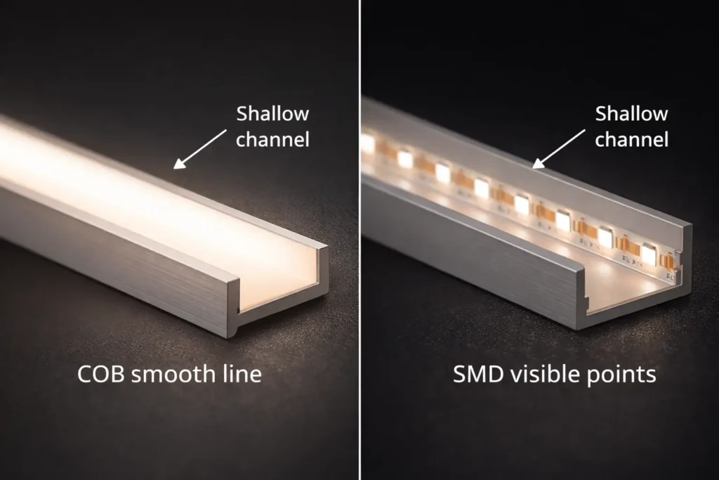 Close-up comparison visual: COB continuous line vs SMD visible points in a shallow channel