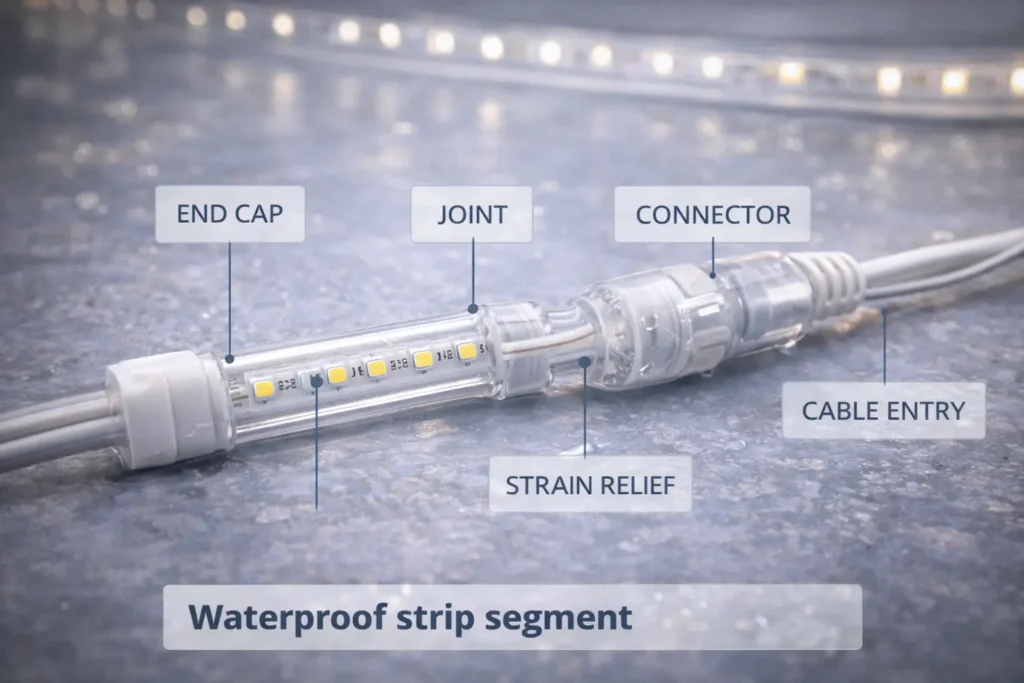 Diagram highlighting ingress risk points: end caps, joints, connectors, cable entries, and strain relief