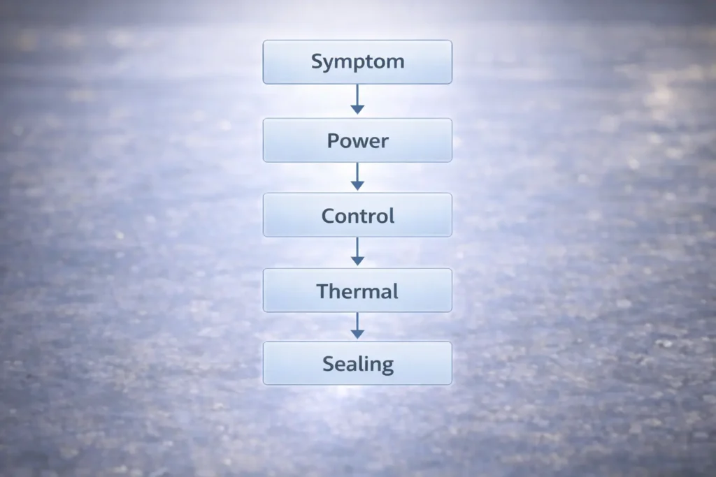 Troubleshooting flow: symptom then check power distribution, control compatibility, thermal path, and sealing transitions