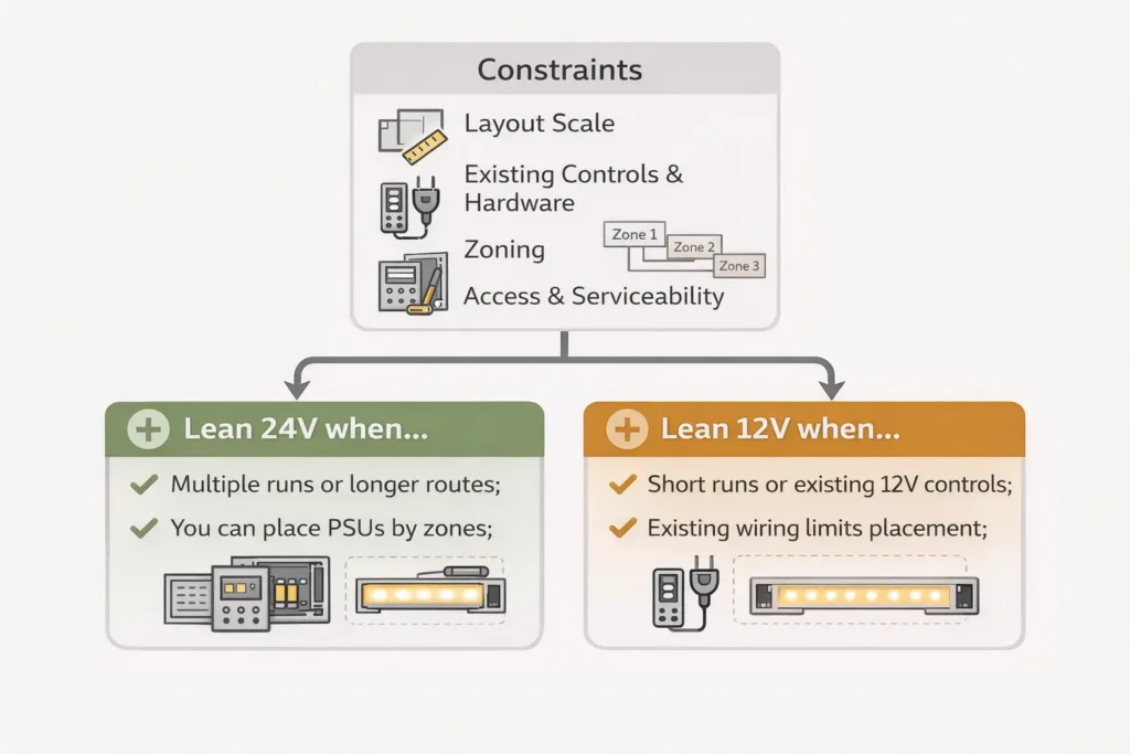 Decision diagram concept—constraint-based 24V vs 12V choice for LED strip layouts with zones and injection points