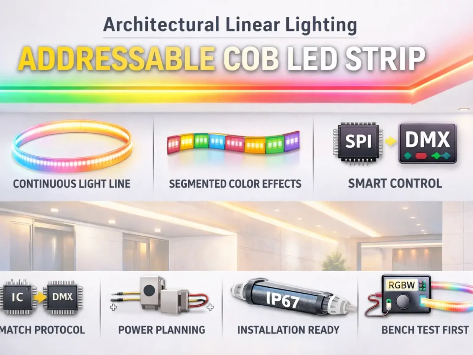 Architectural linear lighting using an addressable COB LED strip continuous light line with segmented color effects