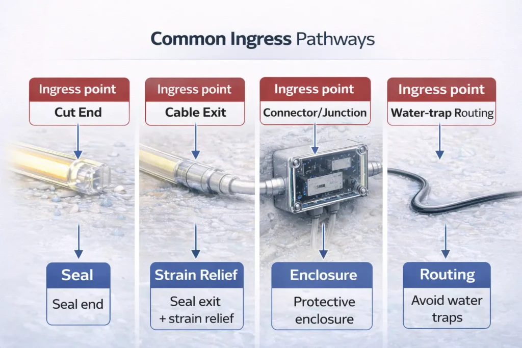 Diagram highlighting common ingress pathways (cut end, cable exit, connector/junction, water-trap routing) with prevention callouts