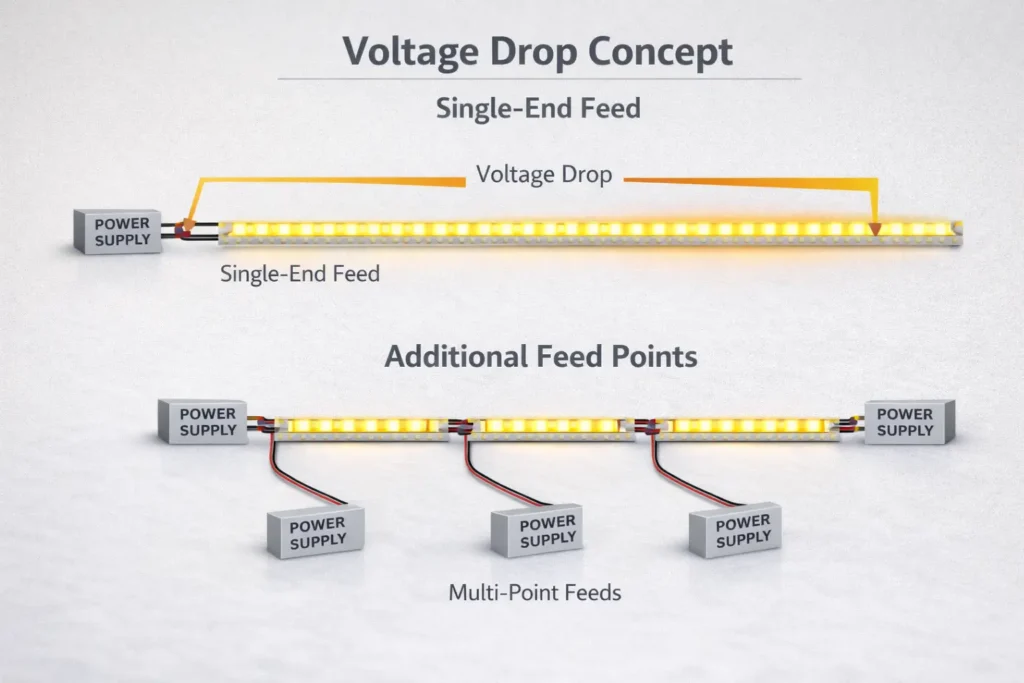 Concept diagram of voltage drop along a strip run and where feed pointspower injection may be added