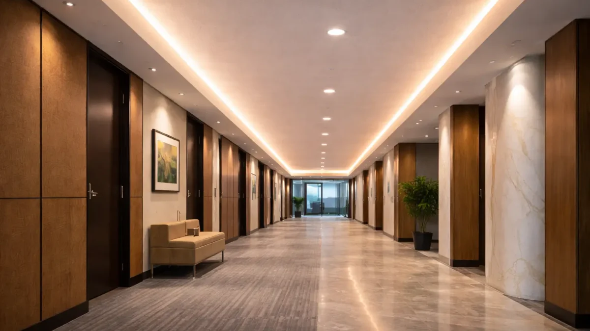 Continuous-line COB lighting in a commercial cove corridor application prompt=Clean architectural photo; B2Bproject tone (no retail mood imagery).