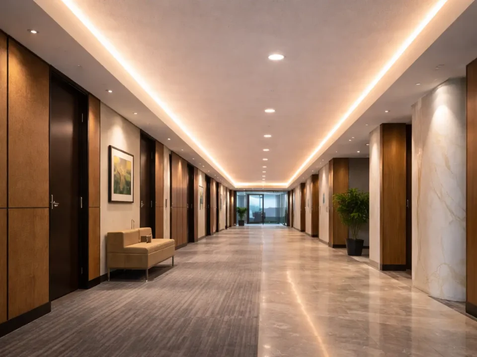 Continuous-line COB lighting in a commercial cove corridor application prompt=Clean architectural photo; B2Bproject tone (no retail mood imagery).