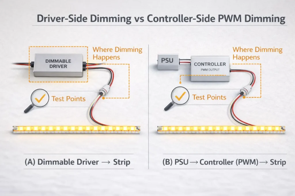 Diagram showing driver-side dimming vs controller-side PWM dimming and where compatibility checks happen