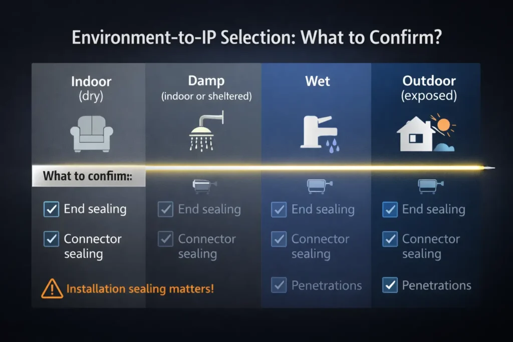 Environment-to-IP selection graphic with sealing reminders