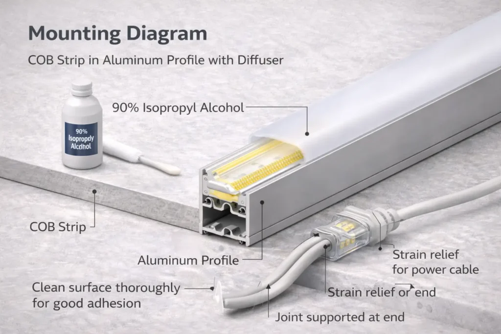 Mounting diagram showing COB strip in an aluminum profile with diffuser; notes on surface prep and strain relief