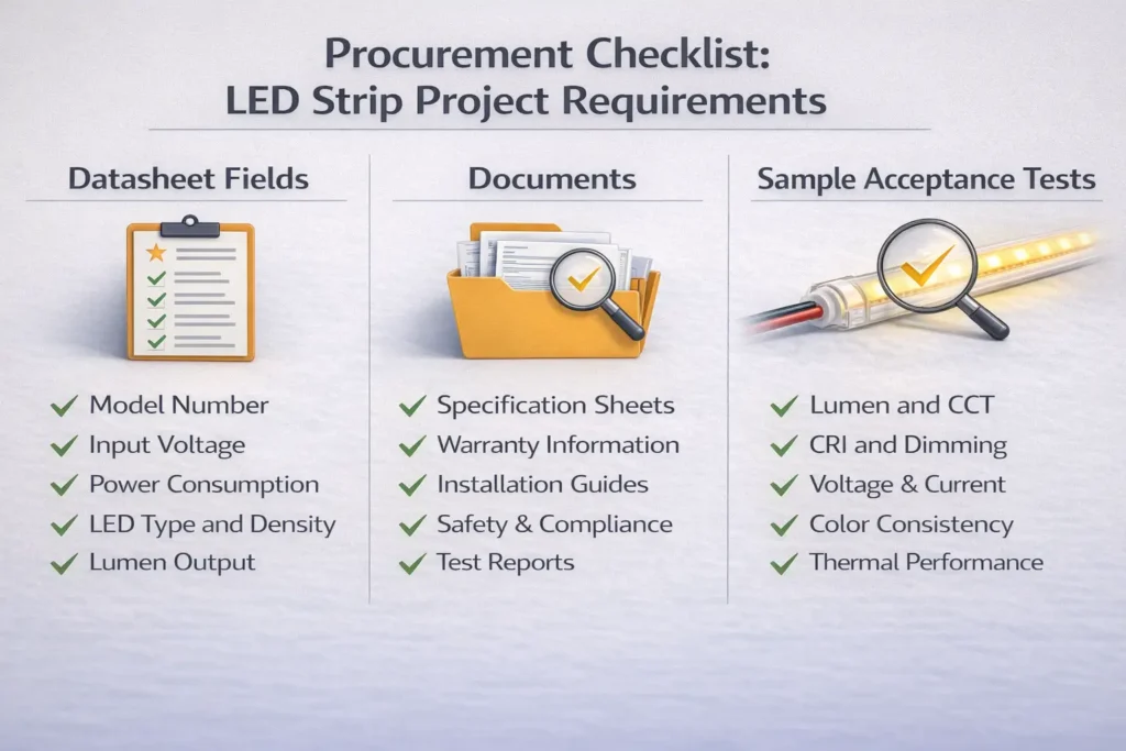 Procurement infographic showing required datasheet fields, document pack items, and sample acceptance tests for LED strip projects