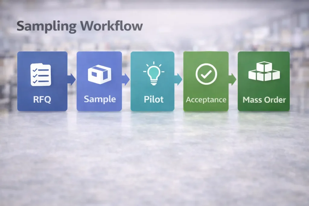 Sampling workflow diagram—RFQ → sample → pilot → acceptance → mass order
