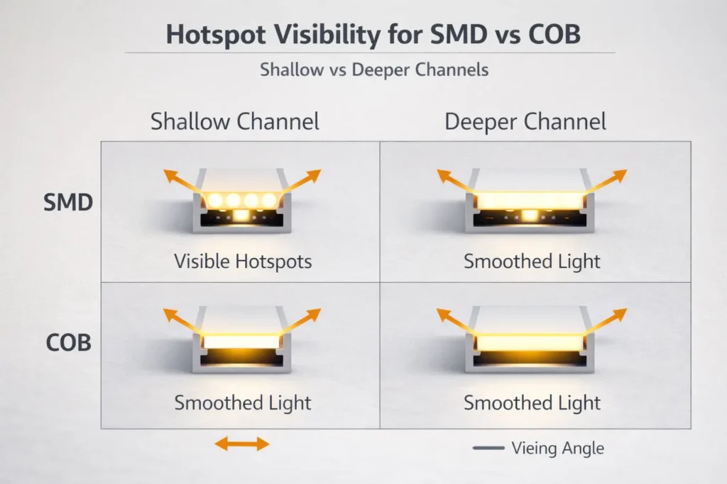 Visual concept diagram showing hotspot visibility for SMD vs COB in shallow vs deeper channels with diffusers