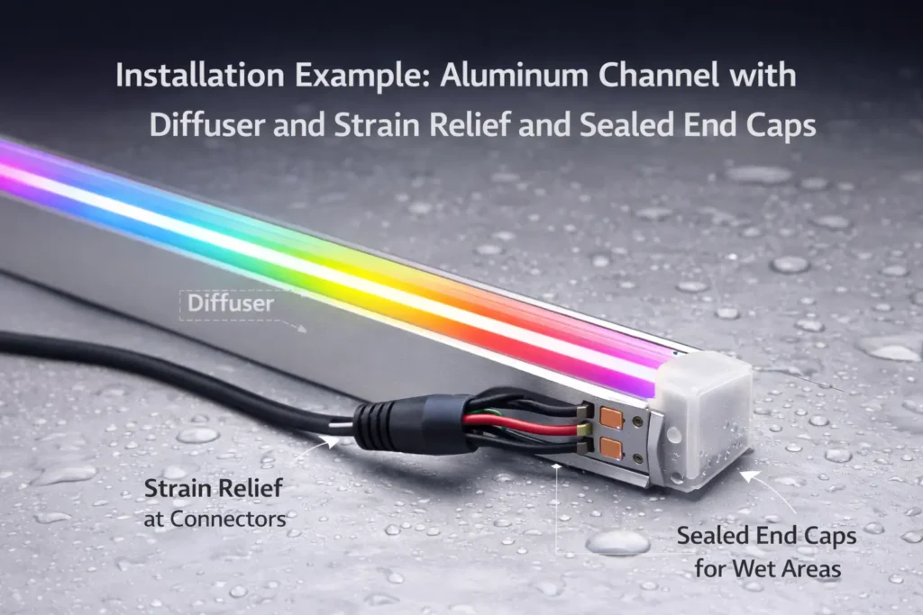 Installation example using an aluminum channel/profile with diffuser, showing strain relief at connectors and sealed end caps for wet areas
