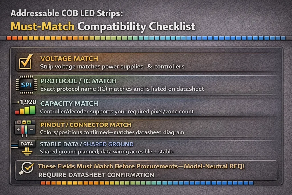 Compatibility checklist graphic showing must-match items: voltage, IC/protocol, pixel/zone count, pinout, data line, common ground