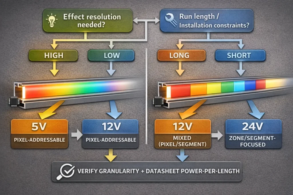 Simple decision map showing how to choose 5V vs 12V vs 24V based on run length, effect resolution, and wiring/injection tolerance