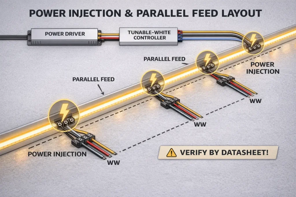 Conceptual power injection and parallel feed layout for long tunable-white COB runs (no universal distances)