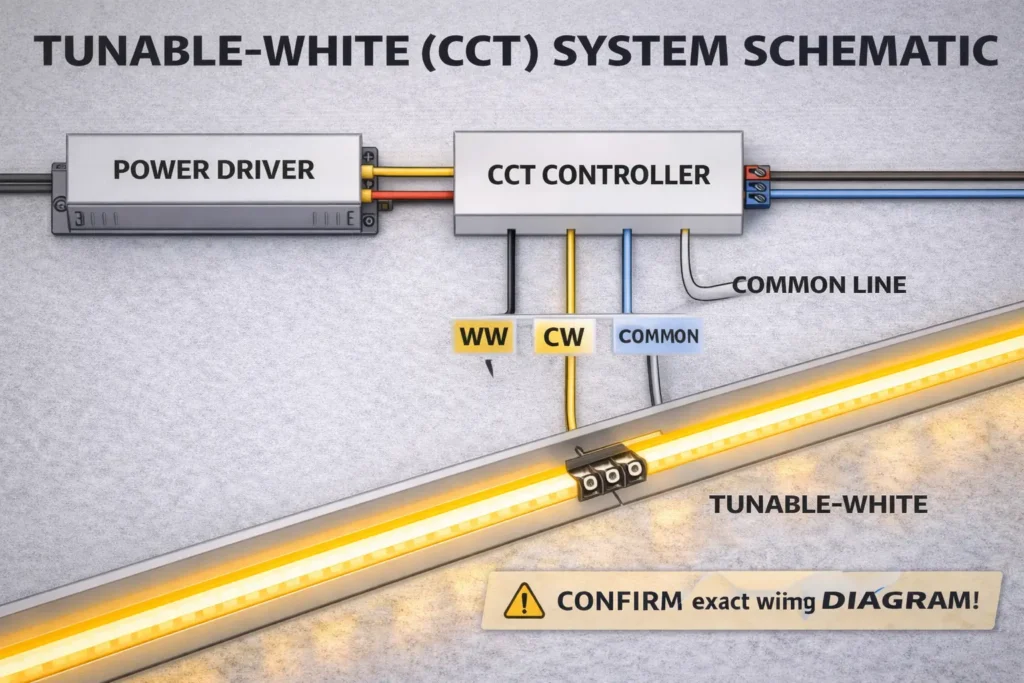 Tunable-white (CCT) system schematic showing driver → controller → strip with WW/CW channels and common line; include a “verify by wiring diagram” note"