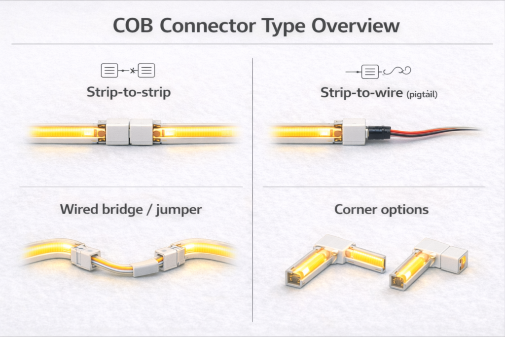 Connector type overview for COB strips—strip-to-strip, strip-to-wire (pigtail), wired bridge/jumper, corner options 