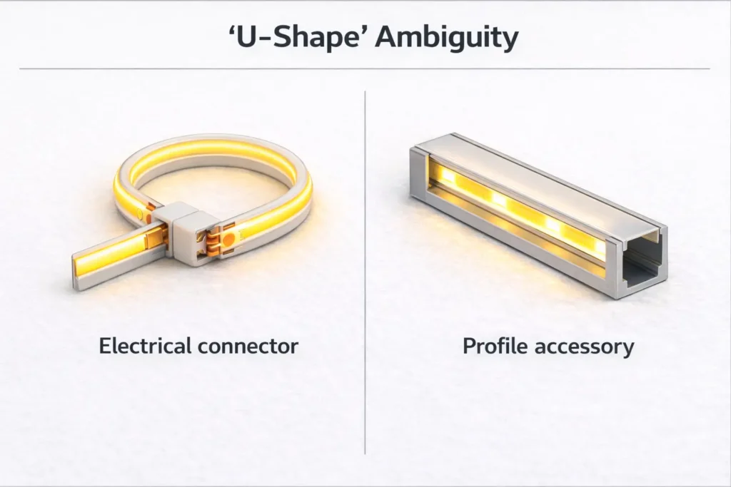 Diagram showing “U-shape” ambiguity—U-turn (180° fold-back) electrical connector vs U-channel/profile mounting accessory 