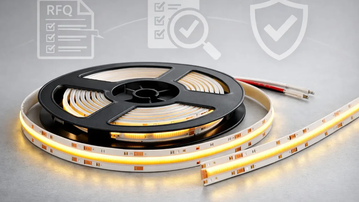 A COB LED strip on a reel with a clean “B2B sourcing checklist” theme (procurement-ready, technical but neutral)