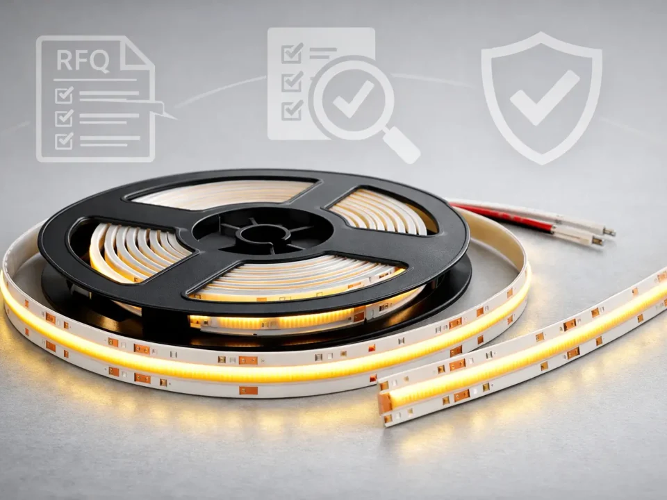A COB LED strip on a reel with a clean “B2B sourcing checklist” theme (procurement-ready, technical but neutral)