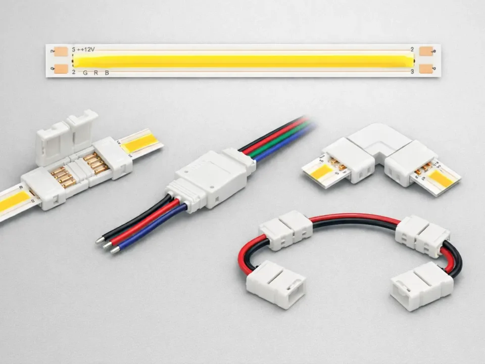 COB LED strip with common connector types (strip-to-strip, strip-to-wire, corner, jumper) shown as a clean technical layout